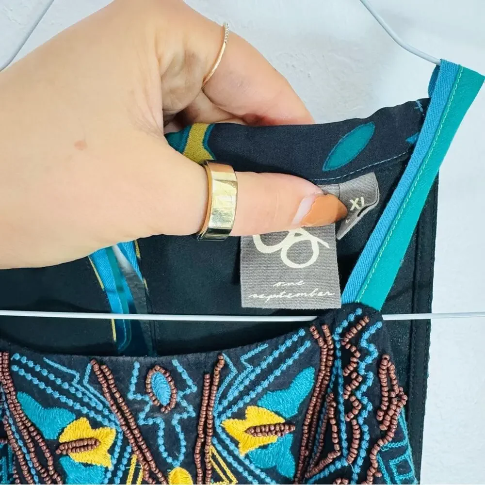 NEW ANTHROPOLOGIE Teal Black Floral Beaded Halter Mini $198 Tank Top Dress XL - Picture 5 of 13